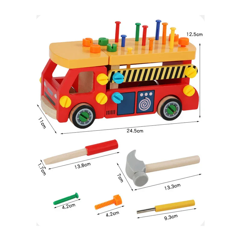 Wooden construction vehicle set, an educational toy for children to learn and build motor skills.