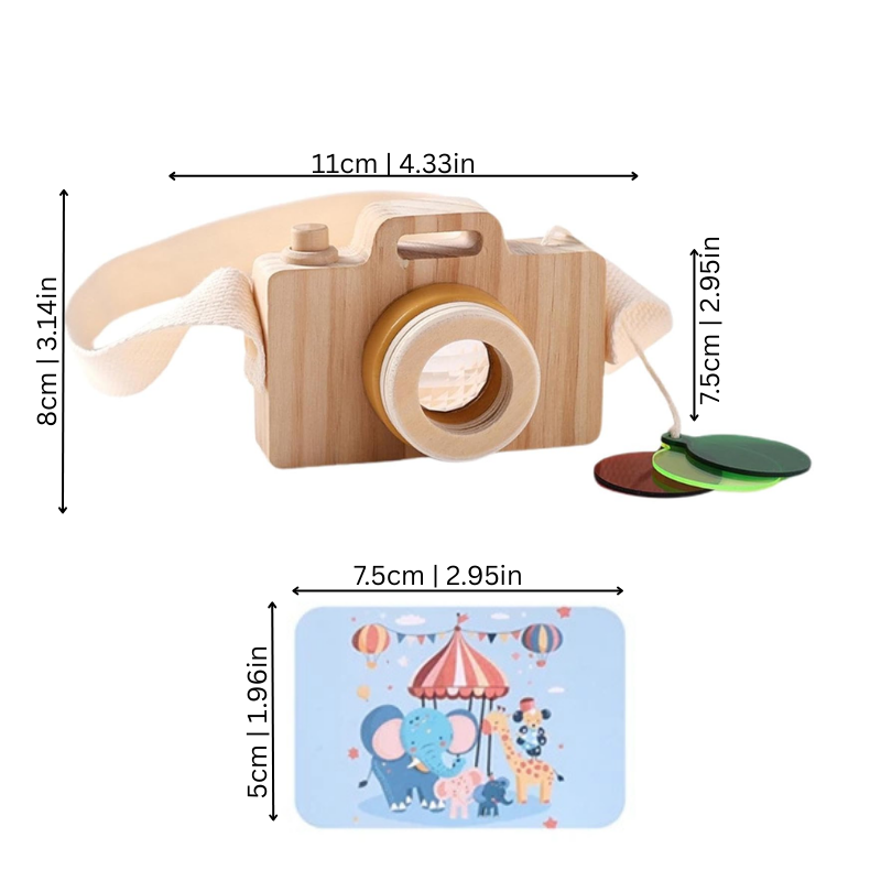 Close-up of a child's wooden kaleidoscope camera toy, fostering sensory exploration and creative learning