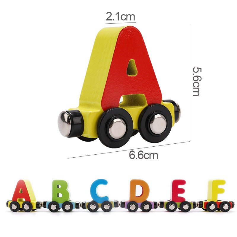 Preschool educational wooden toy train set with magnetic alphabet and number blocks on display