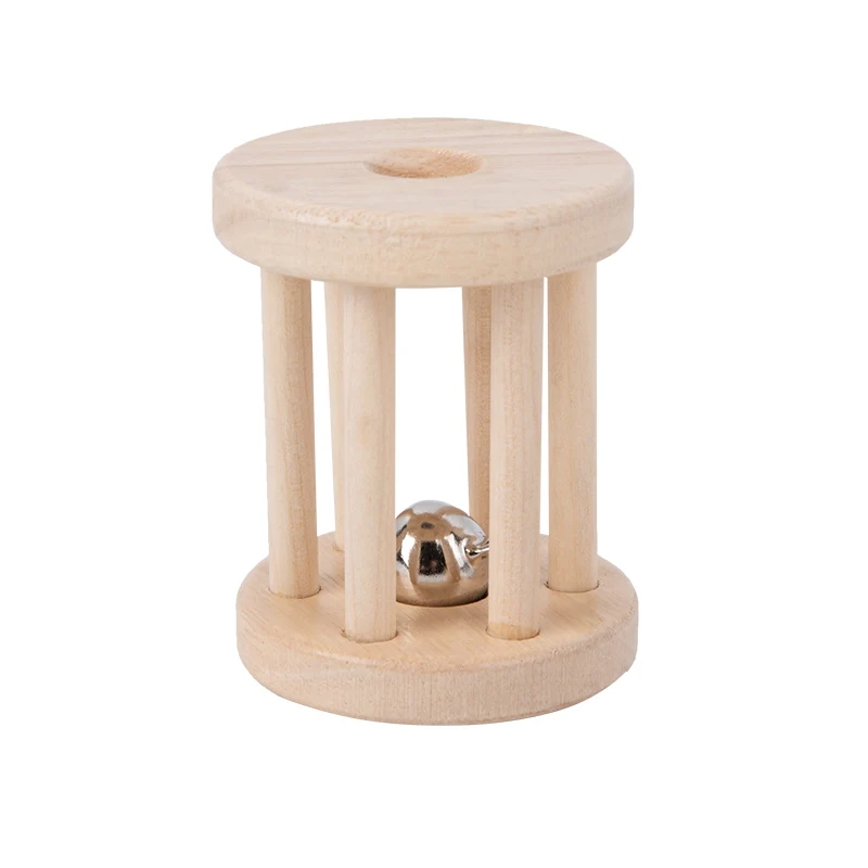 Isolated image of a Wooden Merry Roller rattle, showcasing its natural wood finish and details
