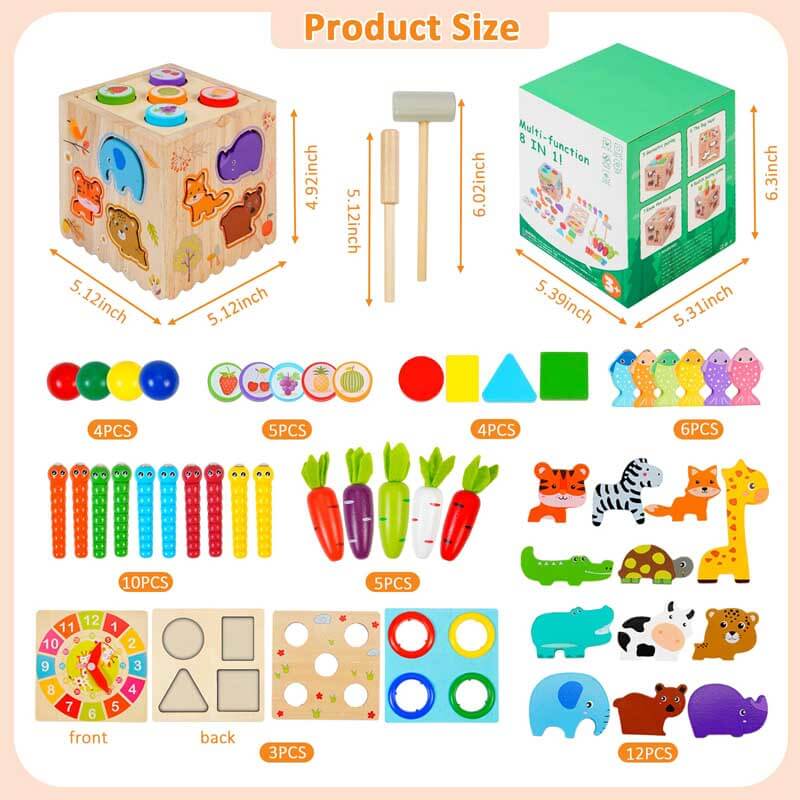 Montessori wooden activity cube with spinning gears, perfect for toddler playtime