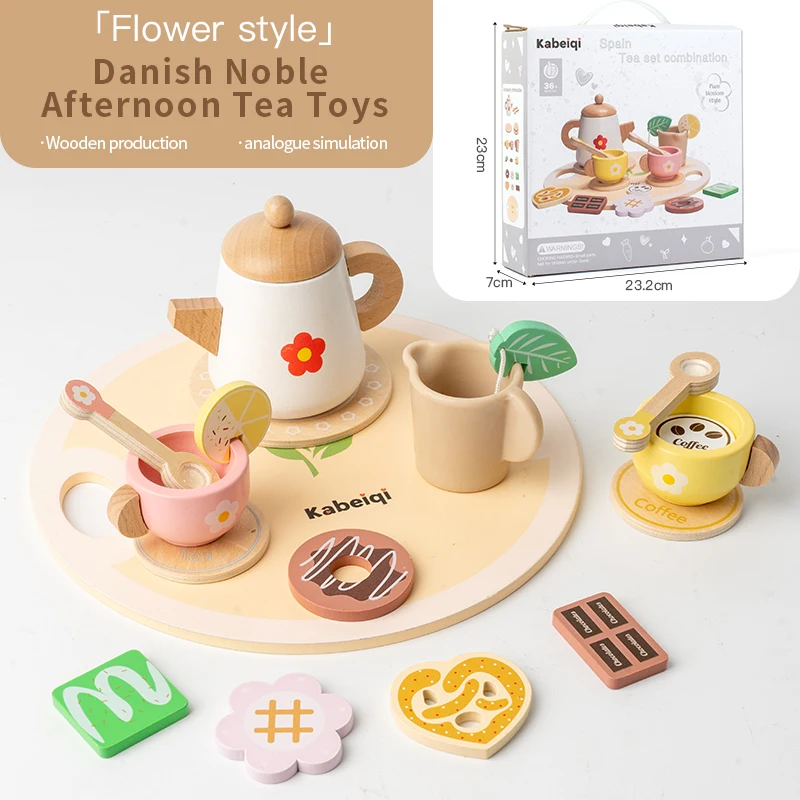 Overview of the durable wooden play tea set, perfect gift for kids to develop fine motor skills