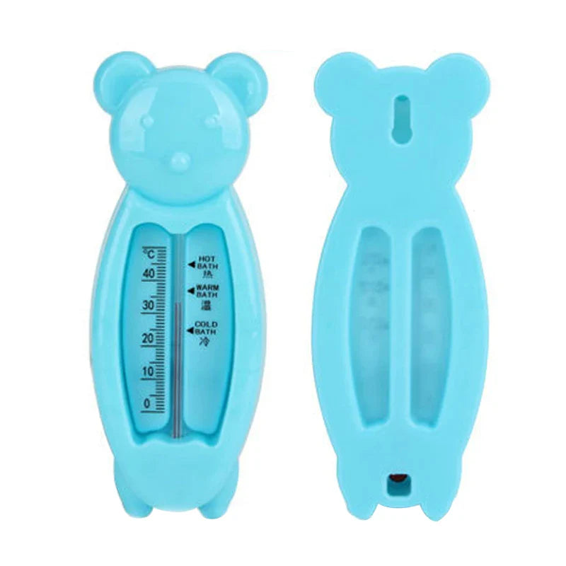 Blue floating bear bath thermometer, an adorable and practical baby care item for safe bathing.