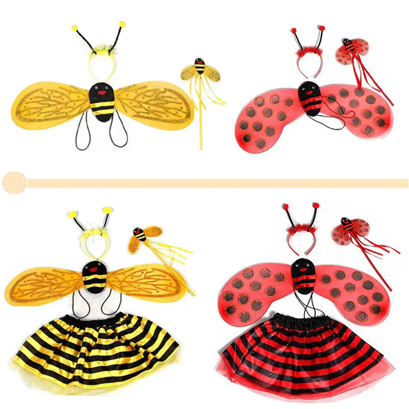Front view of the girls' charming bee costume, featuring a multi-layered yellow and black tutu and angelic, shimmering wings.
