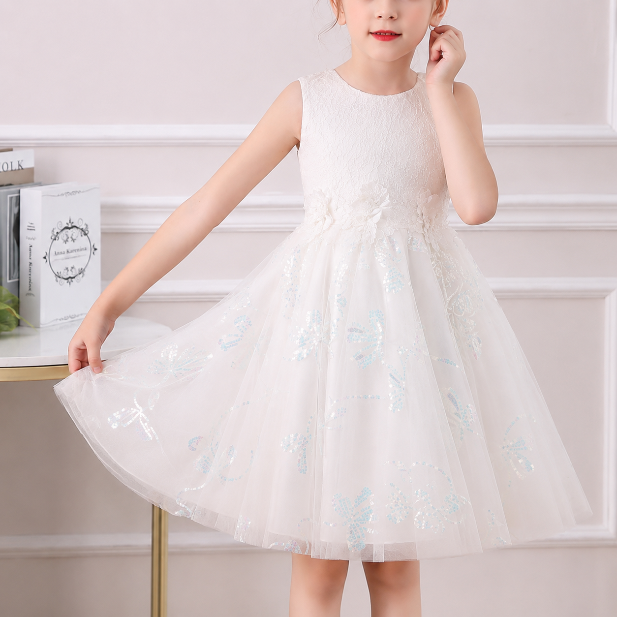Girls' Floral Embroidered Lace Princess Party Dress