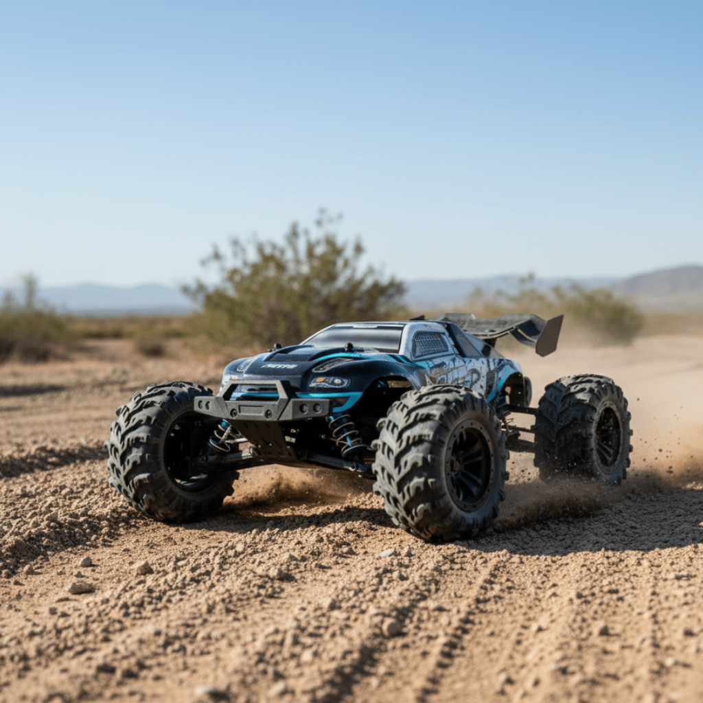 1:16 scale all-wheel drive RC truck with bright LED headlights, robust treaded tires for off-road fun.