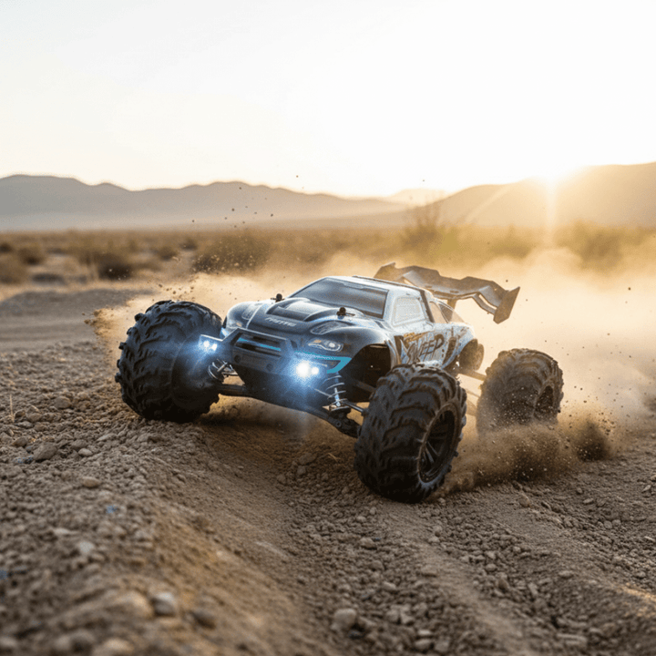 High-speed 1:16 scale remote control off-road truck. Features all-wheel drive & powerful LED lights.