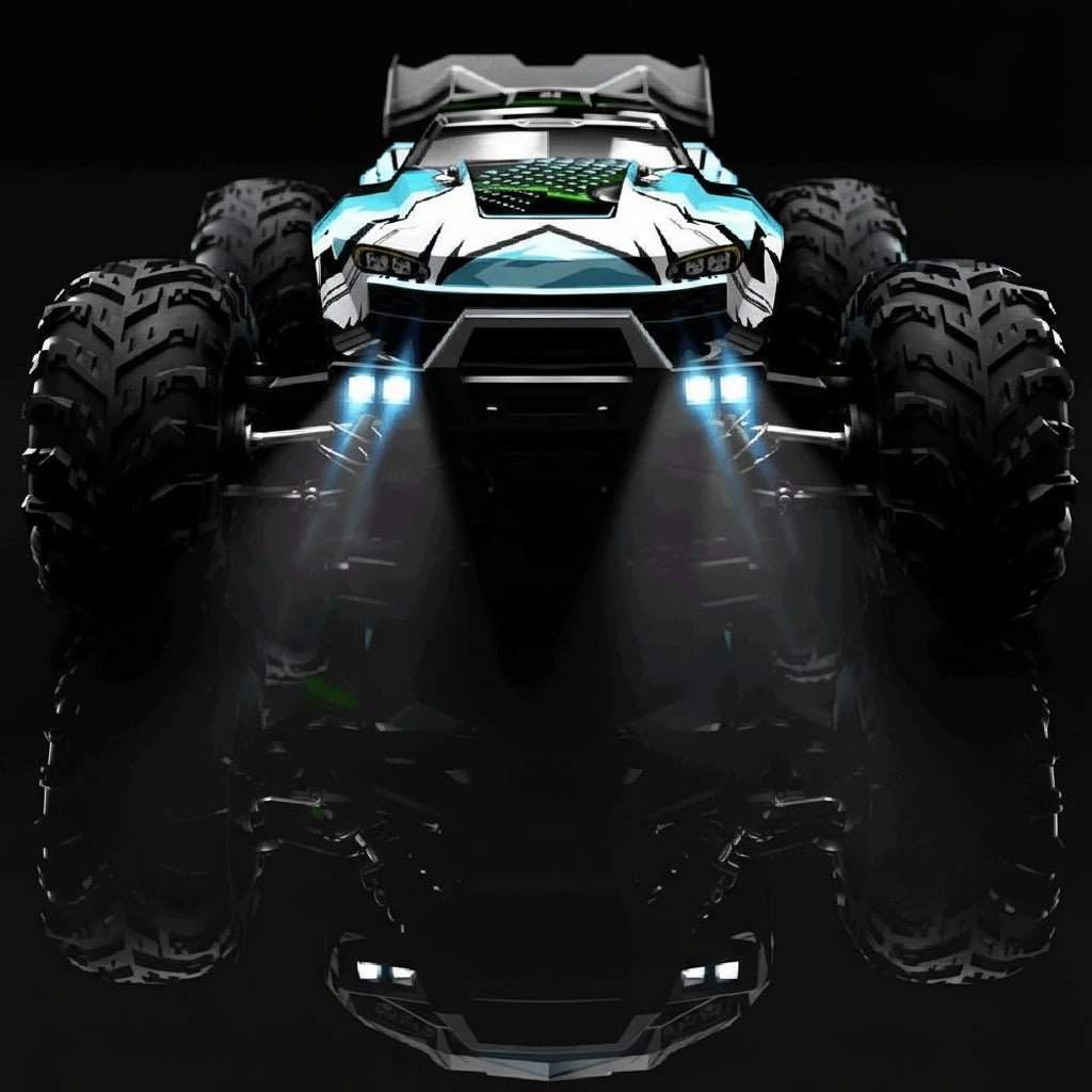 Kids' electric RC truck, 1:16 scale, with all-wheel drive, LED headlights, & durable treaded tires for adventure.