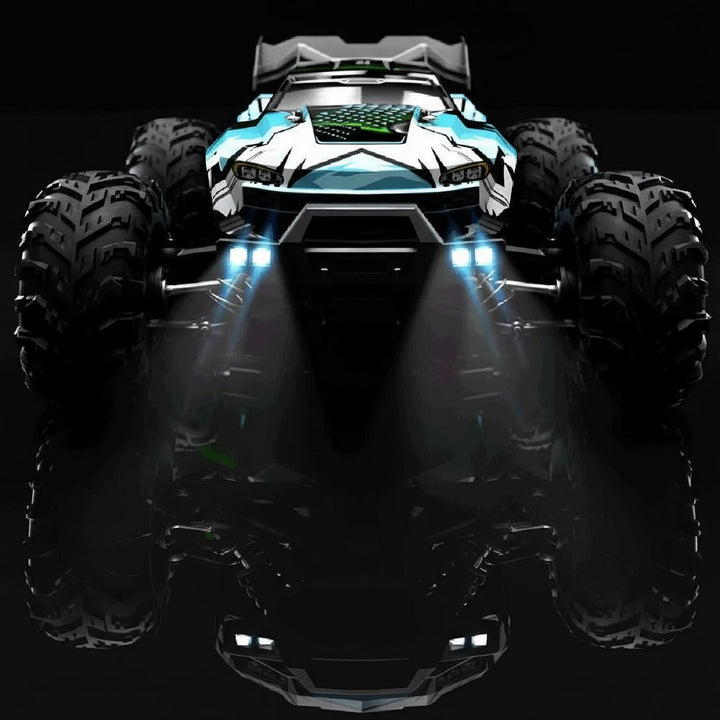 Kids' electric RC truck, 1:16 scale, with all-wheel drive, LED headlights, & durable treaded tires for adventure.