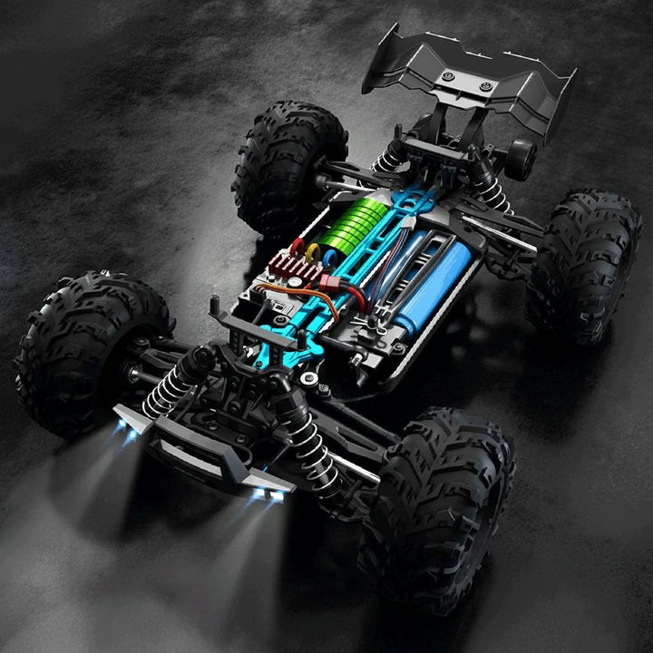 Dynamic 1:16 scale RC truck; 4WD, bright LED headlights, and treaded tires ready for any outdoor terrain.