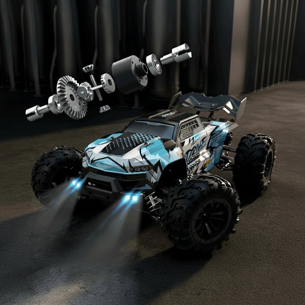 Remote control off-road toy truck, 1:16 scale AWD with cool LED headlights & heavy-duty treaded tires.