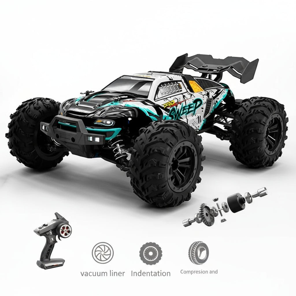Adventure-ready 1:16 scale RC truck with all-wheel drive, LED lights, & aggressive treaded tires for kids.