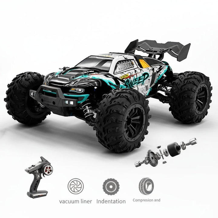 Adventure-ready 1:16 scale RC truck with all-wheel drive, LED lights, & aggressive treaded tires for kids.