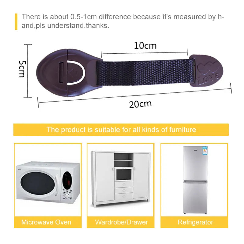 Under-cabinet view of white child safety lock securing a kitchen drawer