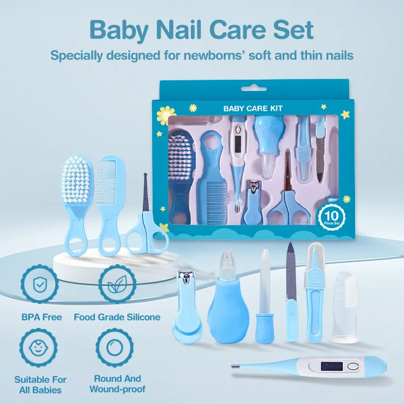 Newborn essentials kit with grooming tools, including comb, scissors, and nasal aspirator