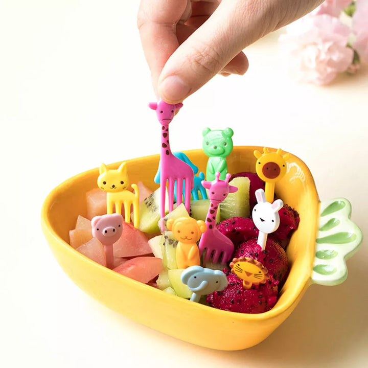 10-piece random color set of kids' animal fruit forks, perfect for fun snacks and bento boxes.