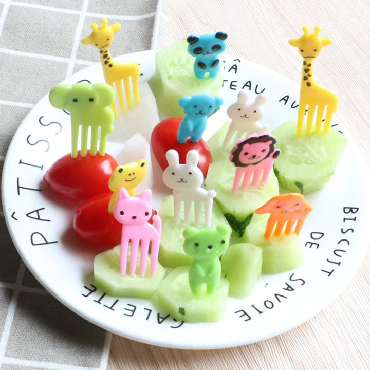 Bento accessories: Whimsical animal fruit picks, a set of 10 random colors for children.