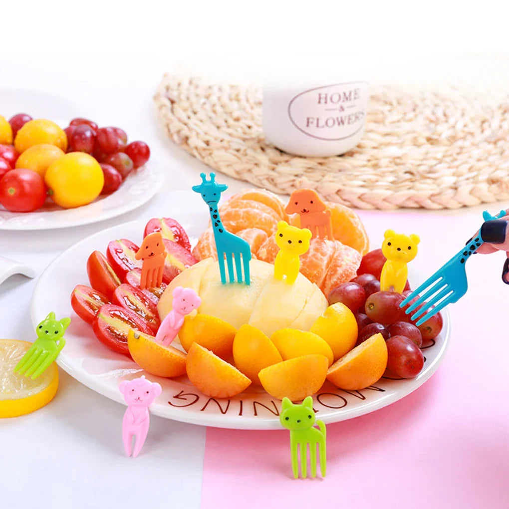 Colorful animal-shaped fruit forks, a 10-piece random set designed for kids' small hands.