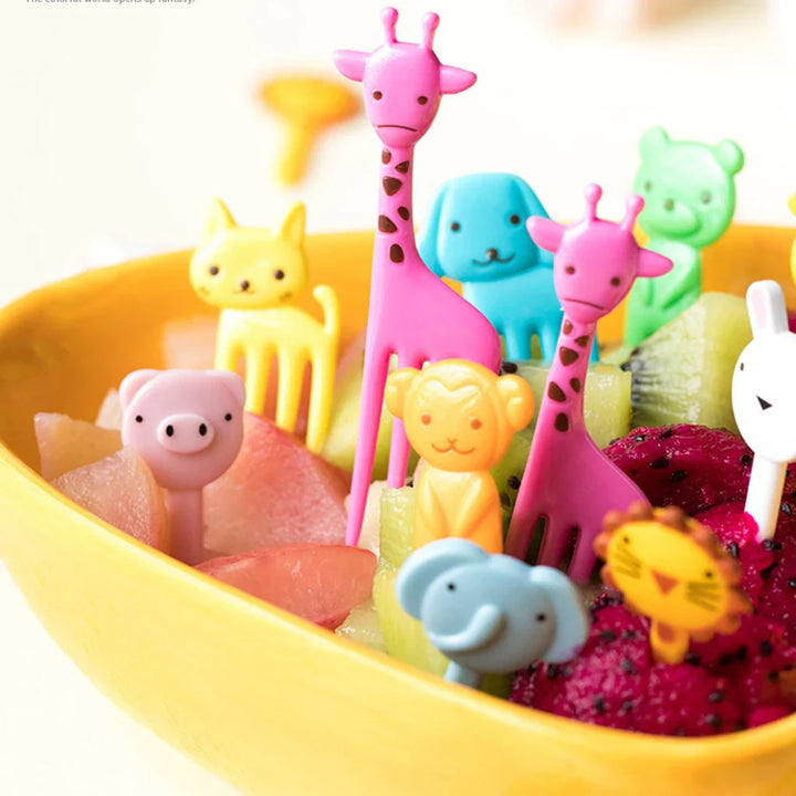 Assorted animal fruit forks for kids' meals, perfect for making healthy eating fun.