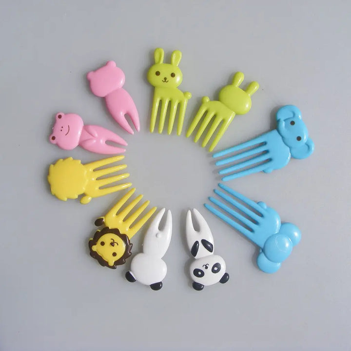 Vibrant animal-themed fruit forks, a reusable 10-piece set for children's lunchboxes.