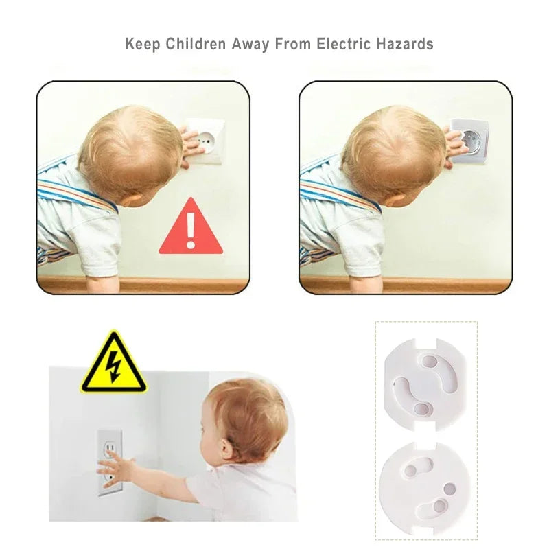 Close-up of a baby safety socket cover, plug protector in a white electrical outlet