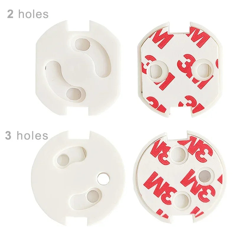 Baby crawling near a wall with multiple child proofing socket covers in electrical outlets