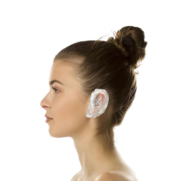 100 pack of disposable ear covers, waterproof ear protection for showering, bathing, hair coloring & post-surgery hygiene.