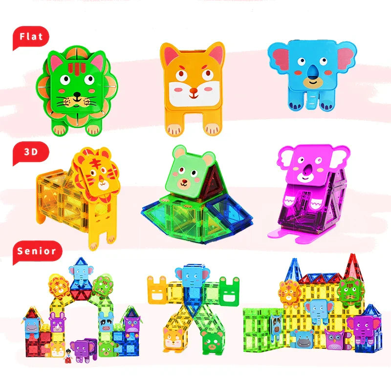 Children building animal shapes with a 100-piece magnetic block construction set