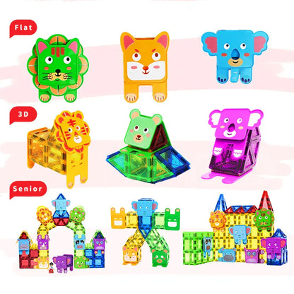 Children building animal shapes with a 100-piece magnetic block construction set