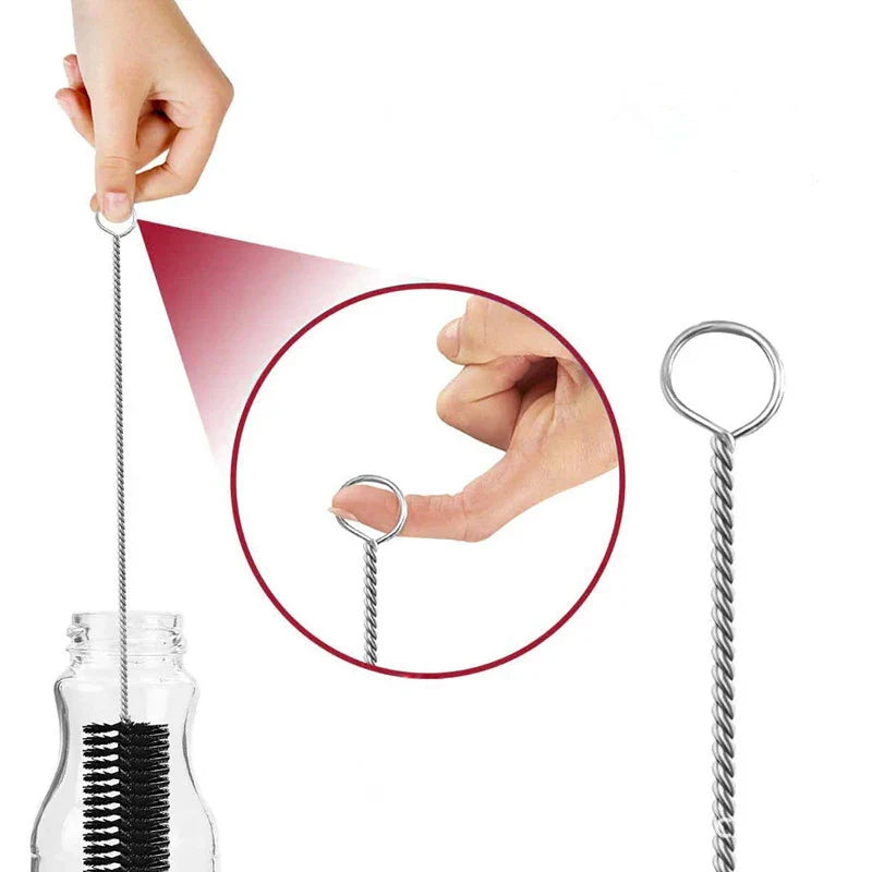 Close-up of small cleaning brush with stainless steel handle, ideal for narrow bottle openings & straws