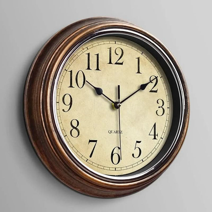 12-inch classic brown silent wall clock, perfect for living room or office decor. Timeless, decorative, and quiet.