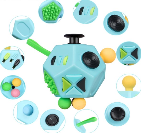 Close-up of a 12-sided fidget cube, an anxiety-reducing educational toy for adults
