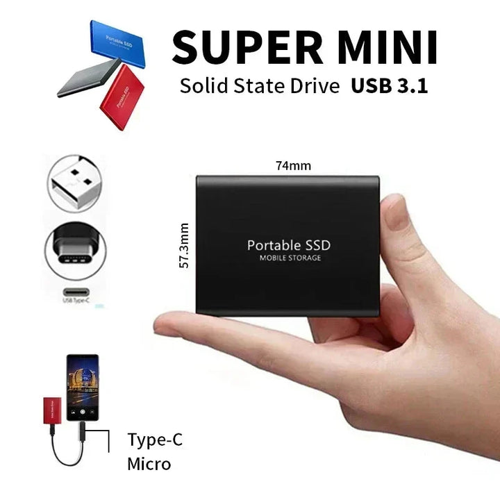 Compact 128TB high-speed external SSD. Portable solid state drive for rapid data backup & storage.