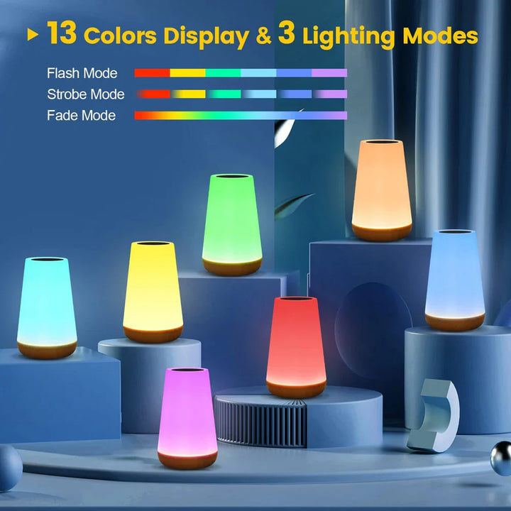 Portable rechargeable RGB LED night light with 13 colors, perfect for home decor and ambiance
