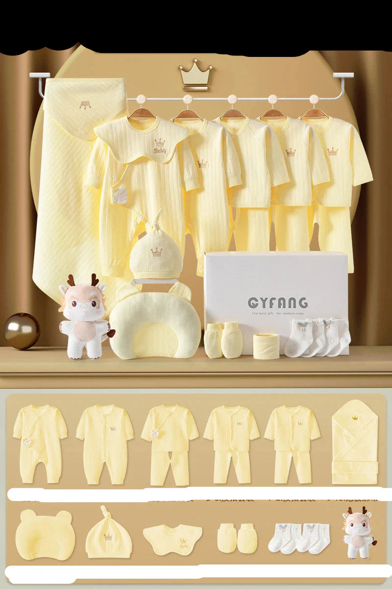 18-piece newborn layette set for 0-3 month babies, featuring soft cotton sleepwear and daytime outfits.