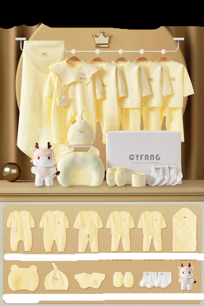 18-piece newborn layette set for 0-3 month babies, featuring soft cotton sleepwear and daytime outfits.