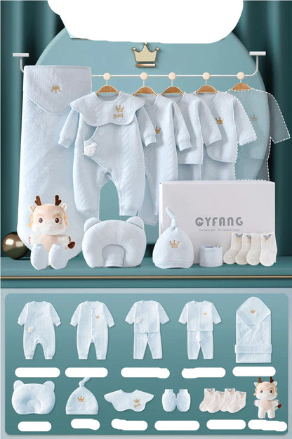Versatile 0-3 month baby clothes collection, 18 pieces, includes sleepsuits, tops, and bottoms, unisex.