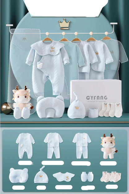 First baby clothes set: 20-piece cotton layette for 0-3 months, featuring charming animal motifs.