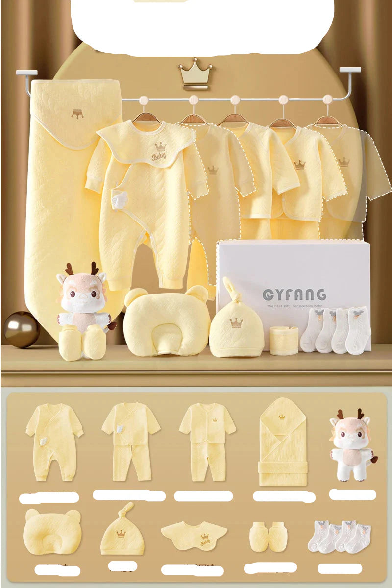Comprehensive 0-3 month baby clothing set, 18 pieces, made with high-quality, soft and stretchy cotton.