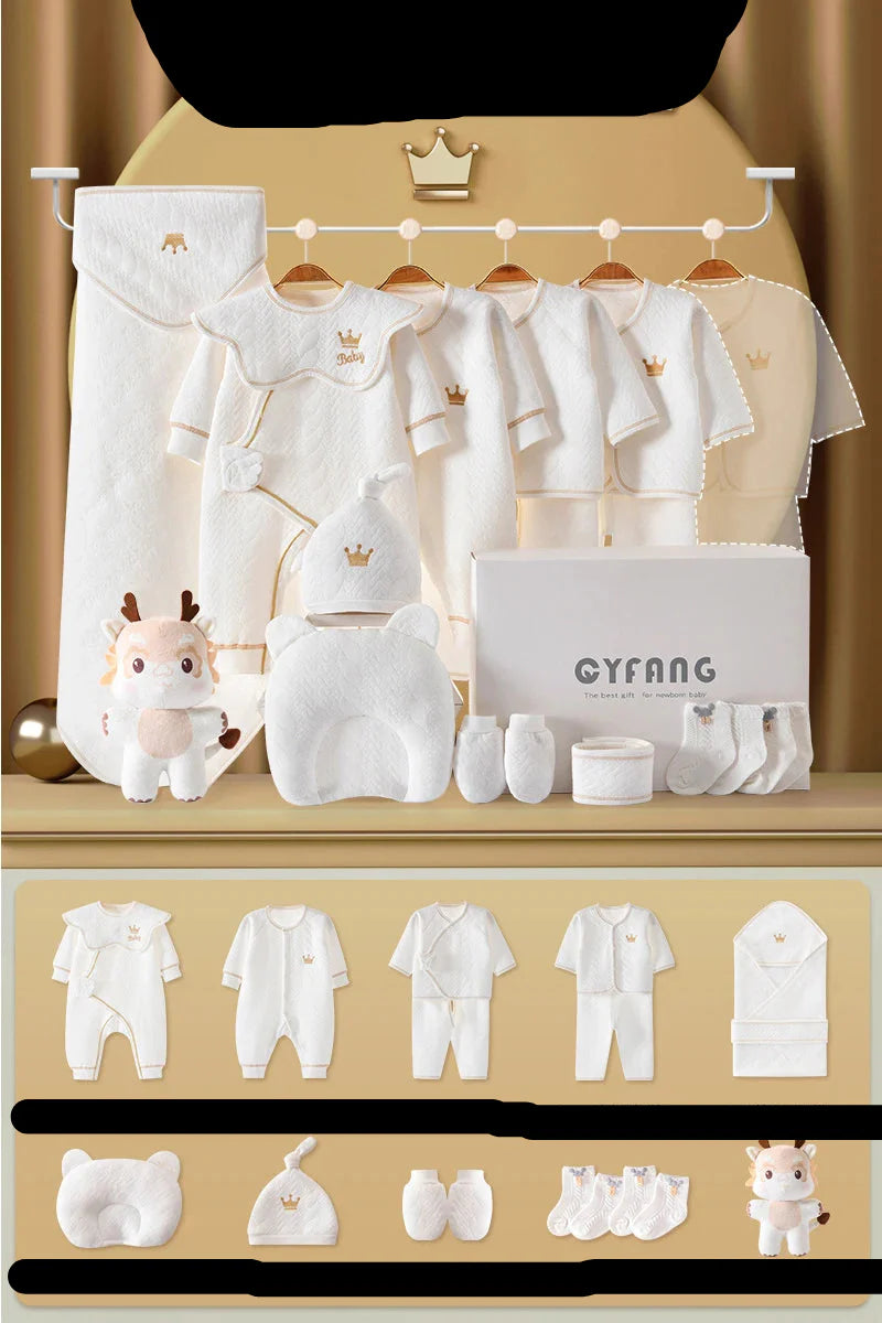 Complete 0-3 month baby clothes set (15 pieces) with bodysuits, rompers, and accessories, soft cotton.