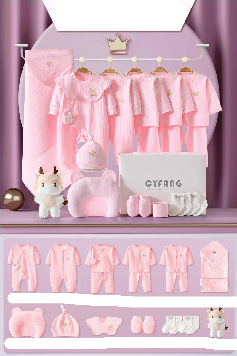 Baby shower gift set: 15-piece newborn clothing collection for 0-3 months, featuring cute patterns.