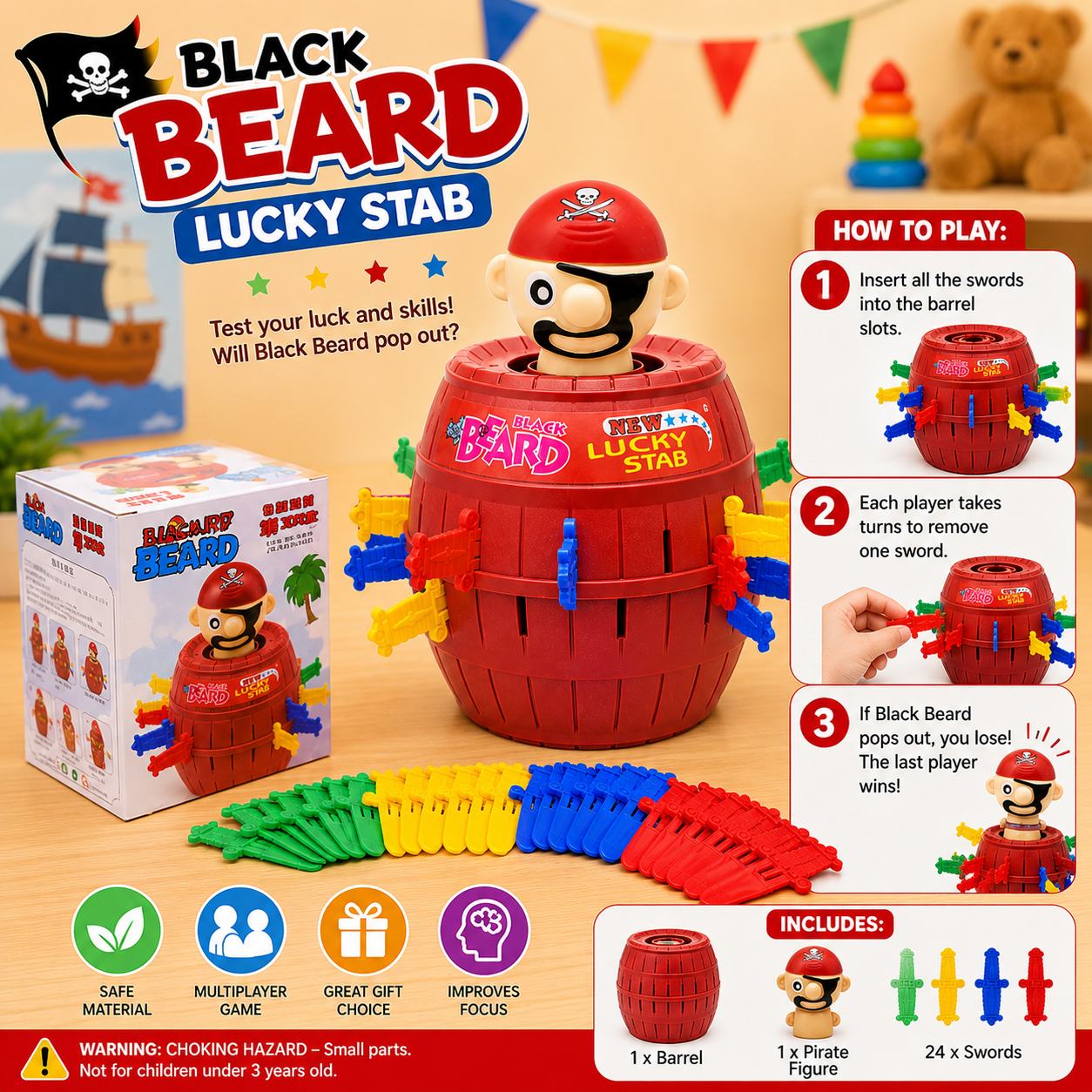 Unisex Pirate Popping Barrel Game for Family Fun