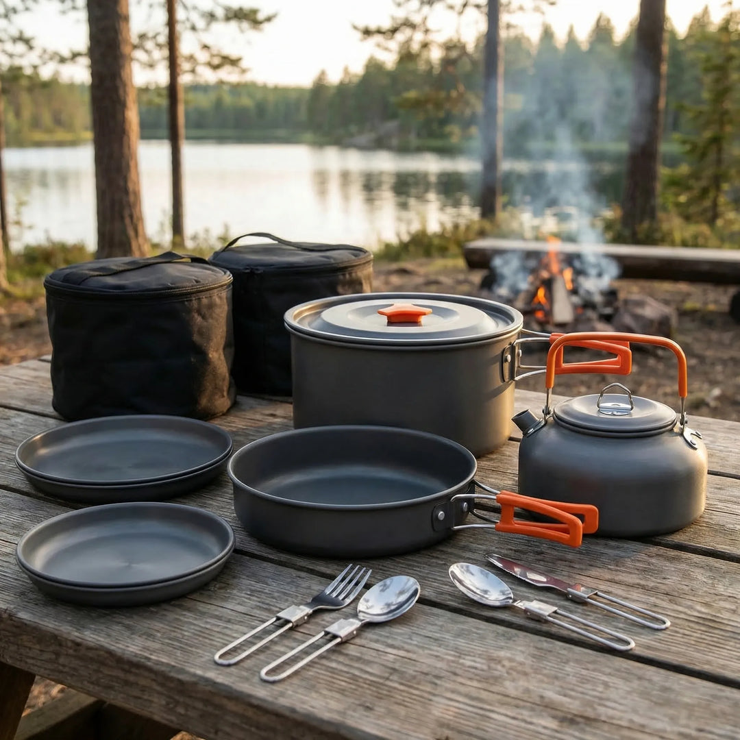 16-piece camping cookware set, a compact nesting kit for outdoor meals, hiking, and backpacking adventures.