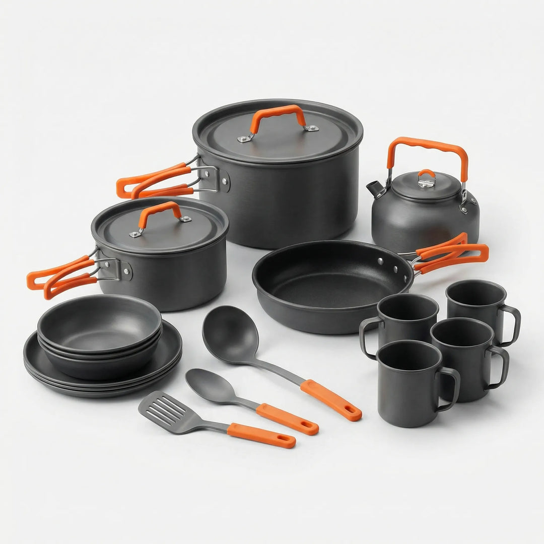 Compact 16-piece nesting camping cookware set for outdoor adventure, hiking, and easy portable cooking.