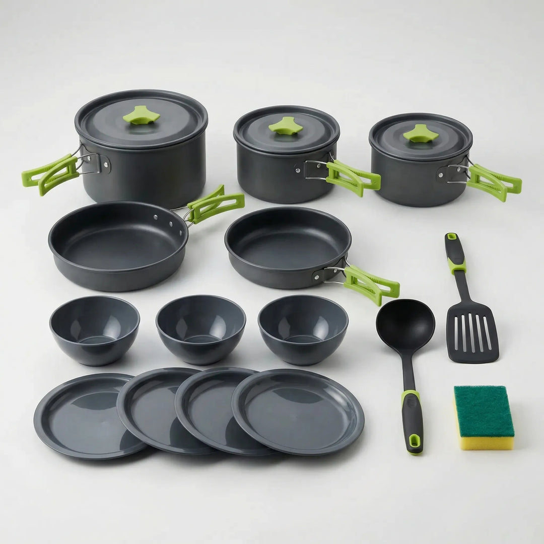 Durable 16-piece camping cookware set, a lightweight nesting kit for backpacking, hiking, and all outdoor meals.