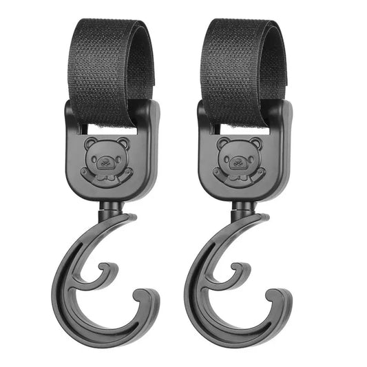 2 black plastic cartoon car stroller hooks, perfect for organizing baby gear and diaper bags