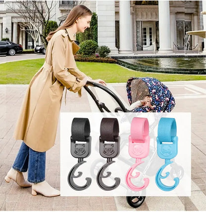 Durable black plastic baby car hooks, perfect for attaching multiple bags to your stroller