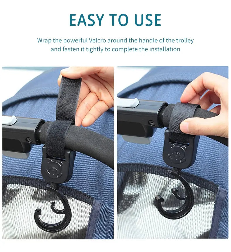 Two black cartoon car baby gear hooks for strollers, designed for easy and secure attachment