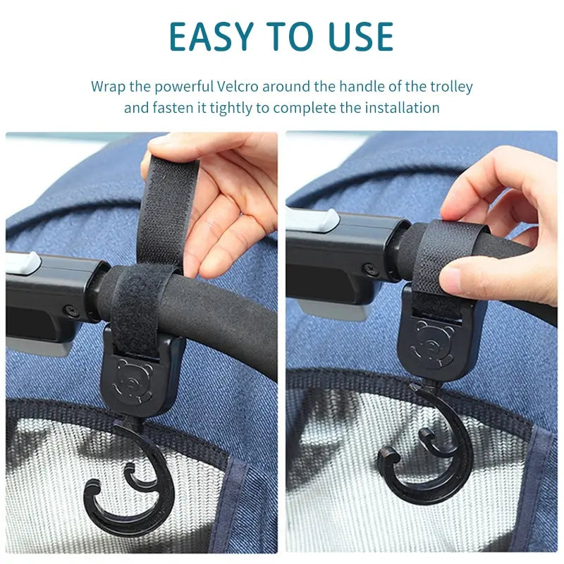 Set of two black cartoon car stroller organizer hooks for hands-free parenting essentials