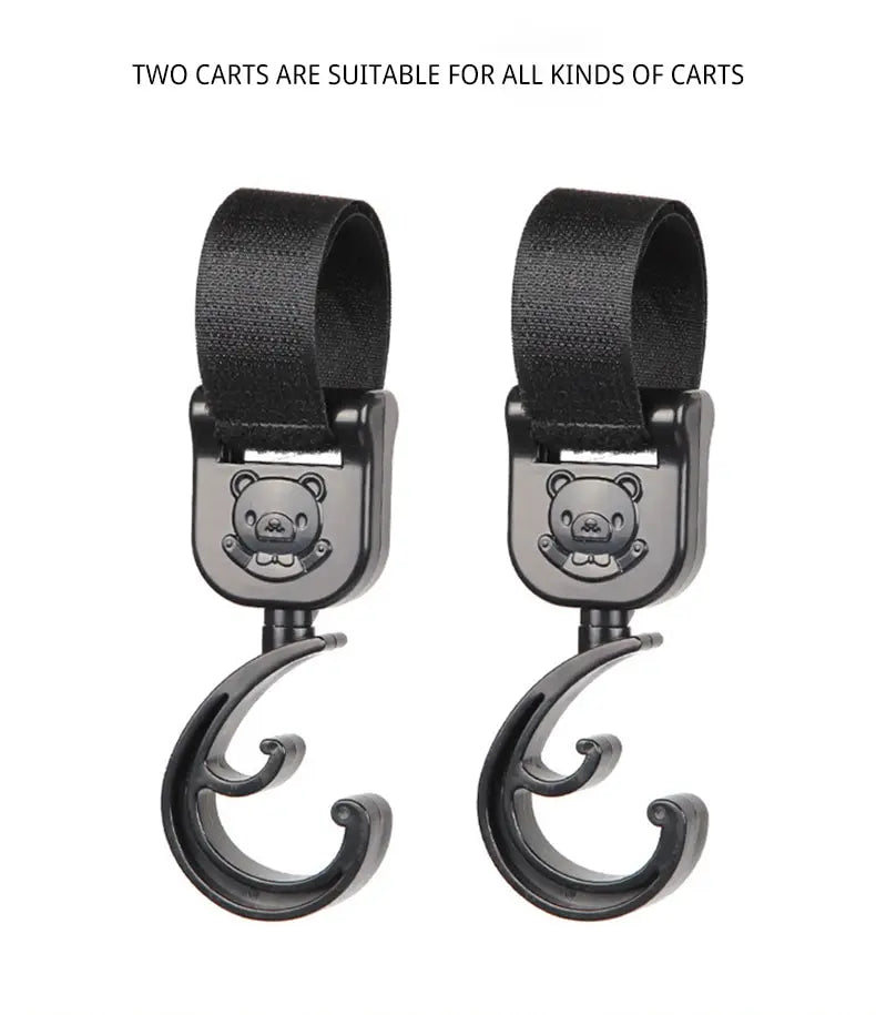 Versatile black cartoon car pram clips, great for hanging shopping bags or diaper bags securely